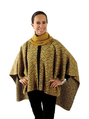 100% Baby Alpaca Reversible Knit Poncho Sweater - Yellow & Grey