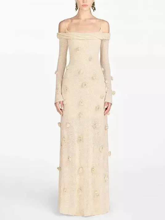 3D Beige Floral Applique Off-Shoulder Gown