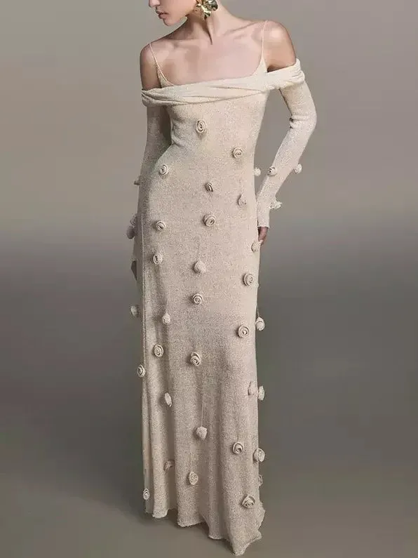 3D Beige Floral Applique Off-Shoulder Gown