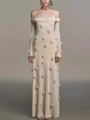 3D Beige Floral Applique Off-Shoulder Gown