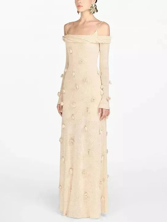 3D Beige Floral Applique Off-Shoulder Gown