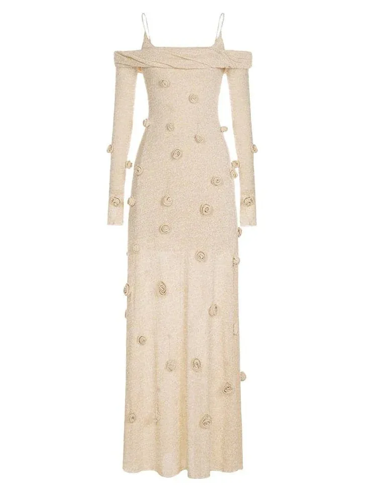 3D Beige Floral Applique Off-Shoulder Gown