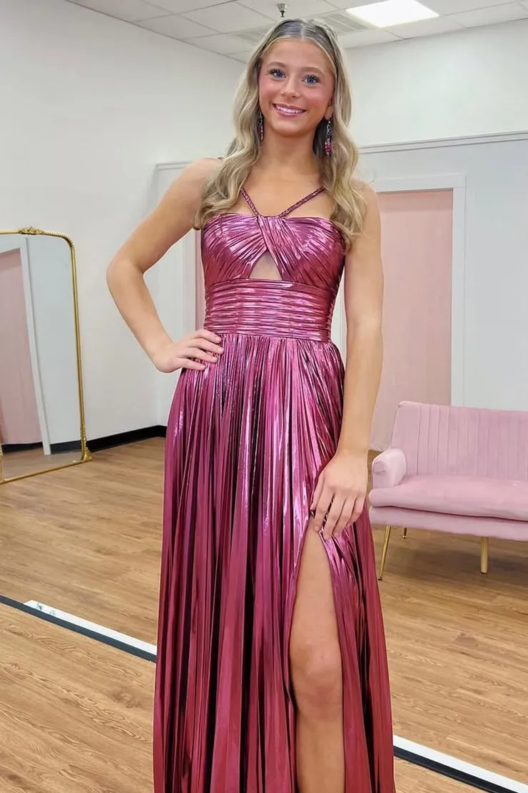 A Line Straps Fuchsia Metallic Pleat Satin Long Prom Dresses