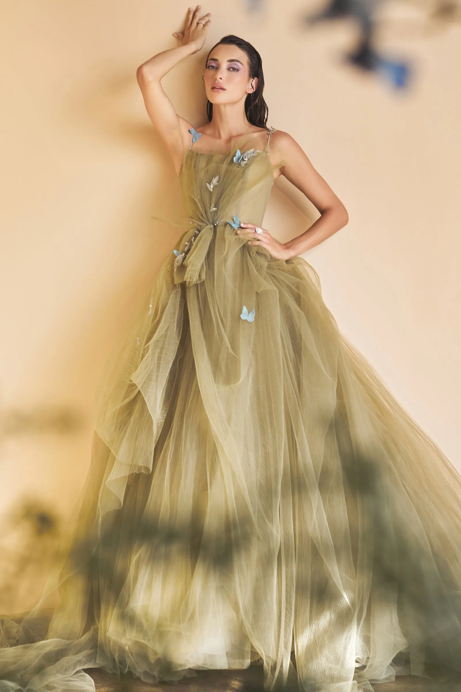 ANDREA & LEO A1113 3D Butterfly Pleated Tulle A Line Dress