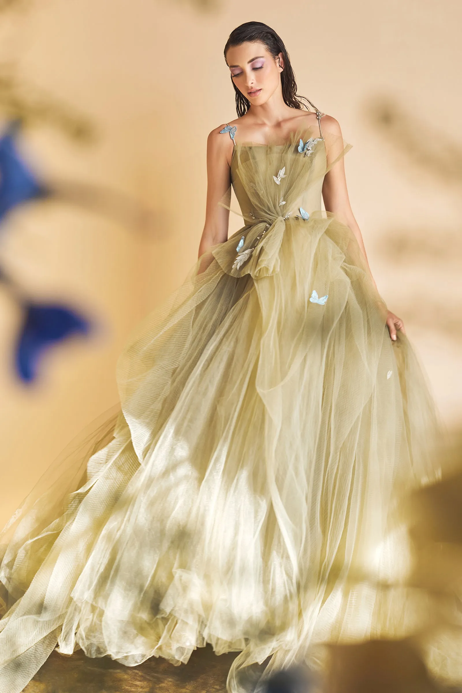 ANDREA & LEO A1113 3D Butterfly Pleated Tulle A Line Dress