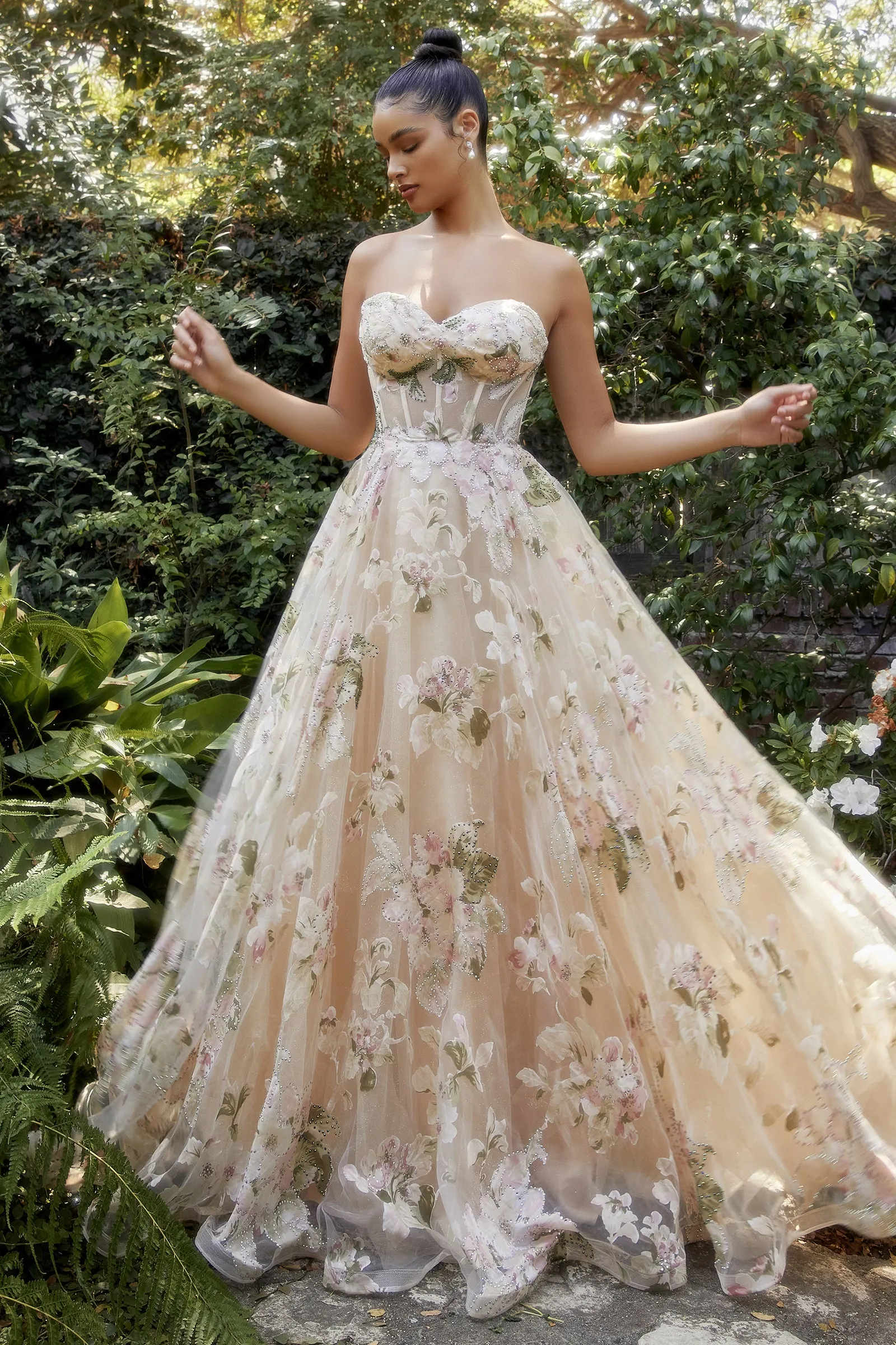 ANDREA & LEO A1134 Floral Strapless Printed Bodice Ball Gown Dress