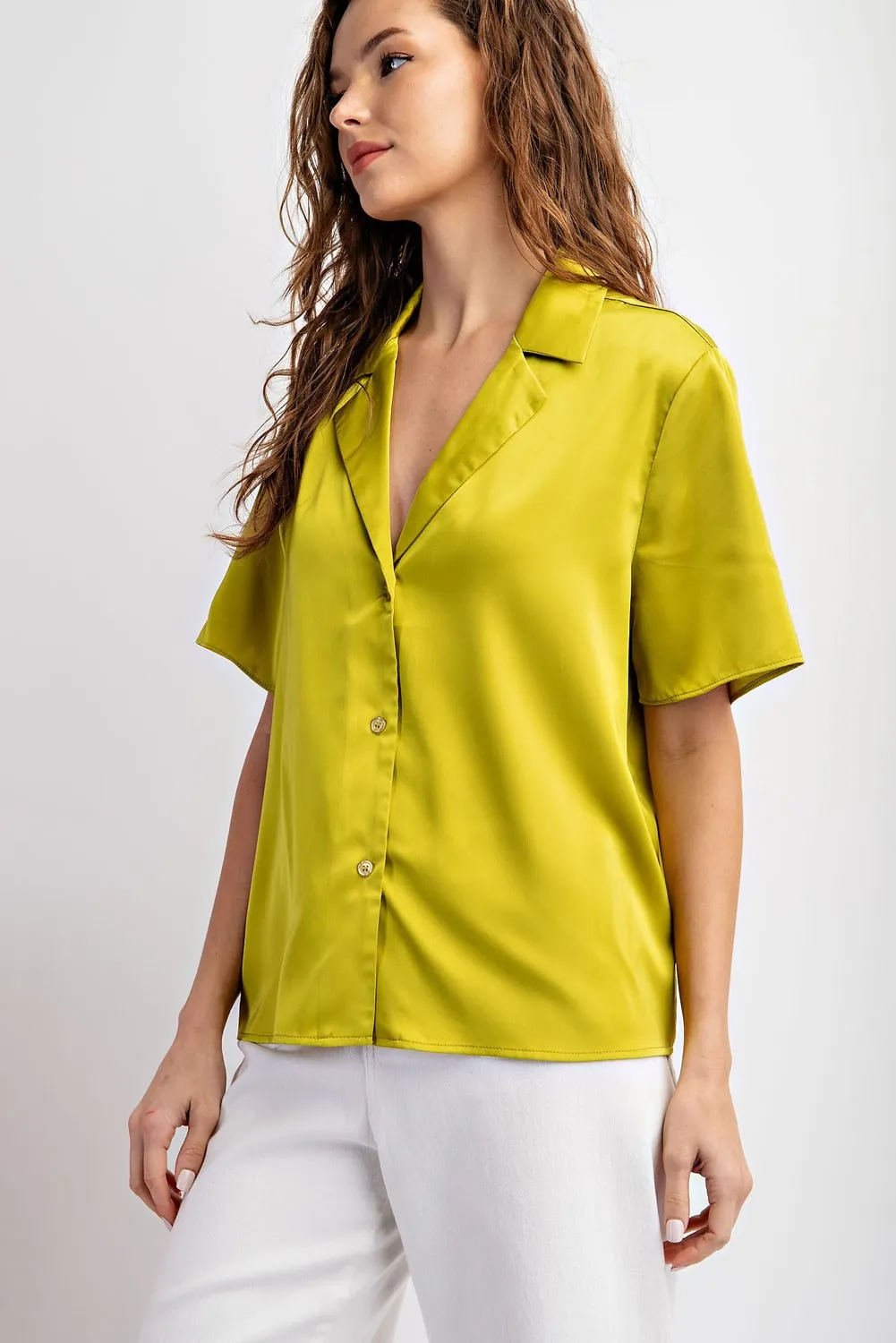 Avocado Satin Button Down Top