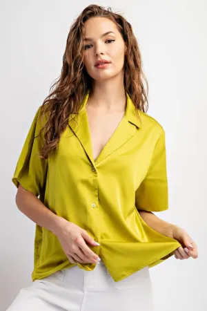 Avocado Satin Button Down Top