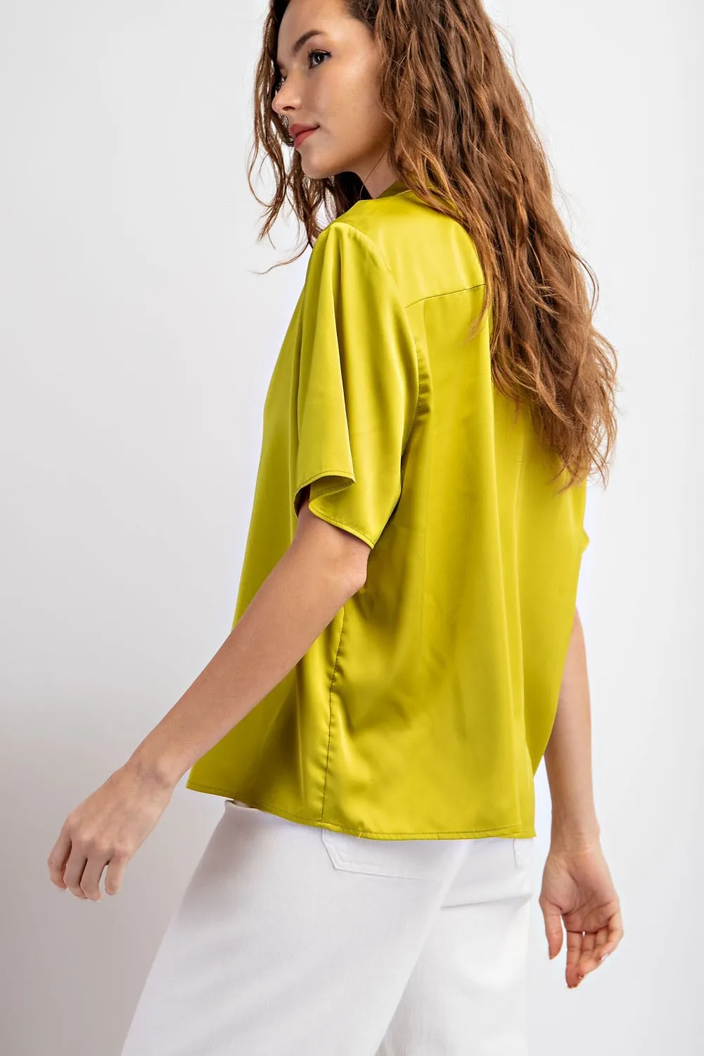 Avocado Satin Button Down Top