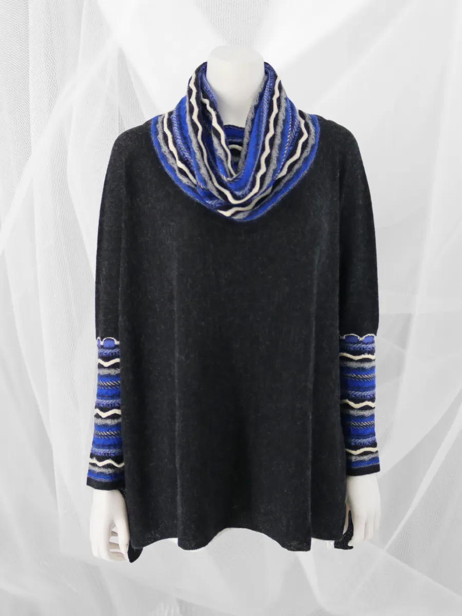 Baby Alpaca Cowl Neck Poncho with Sleeves - Charcoal Blue