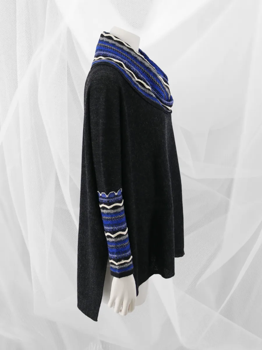 Baby Alpaca Cowl Neck Poncho with Sleeves - Charcoal Blue