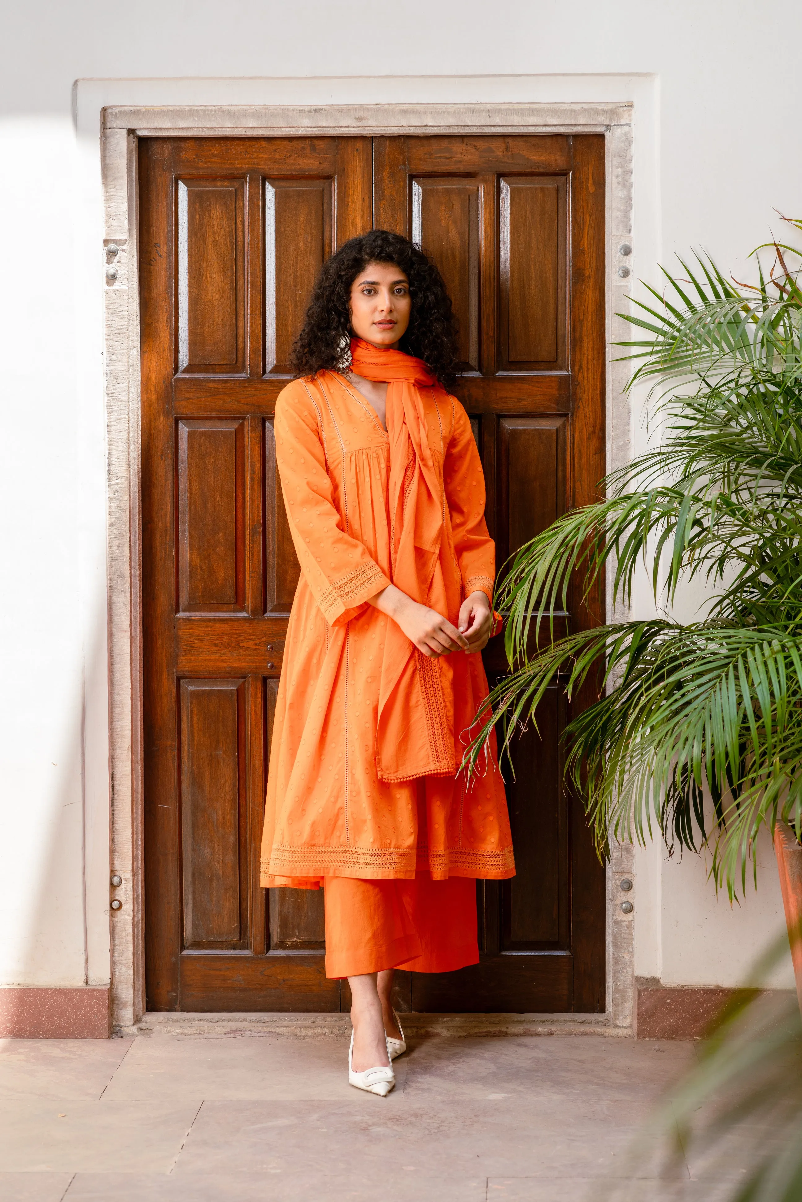 Bahaar Bright Orange Swiss Dobby Suit Set