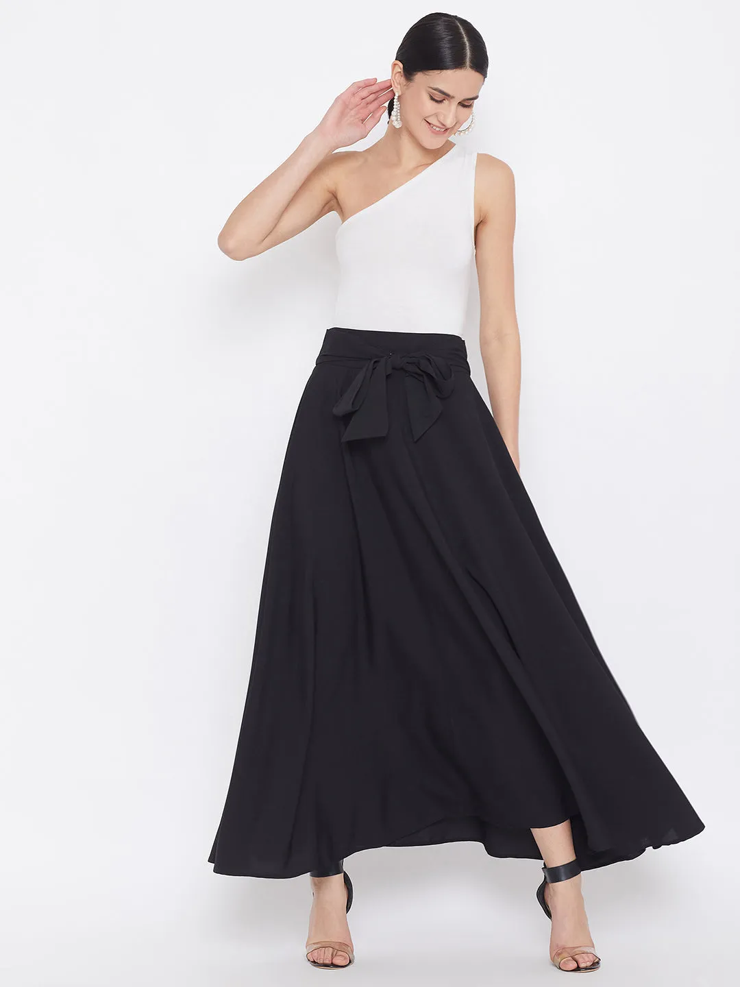 Berrylush Women Solid Black Bow-Tie High-Waist Maxi Skirt