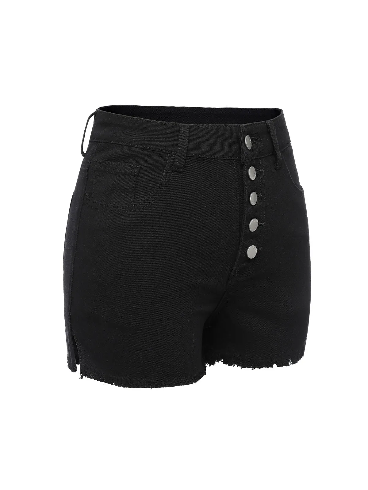 Black 1960s Solid Button Denim Shorts