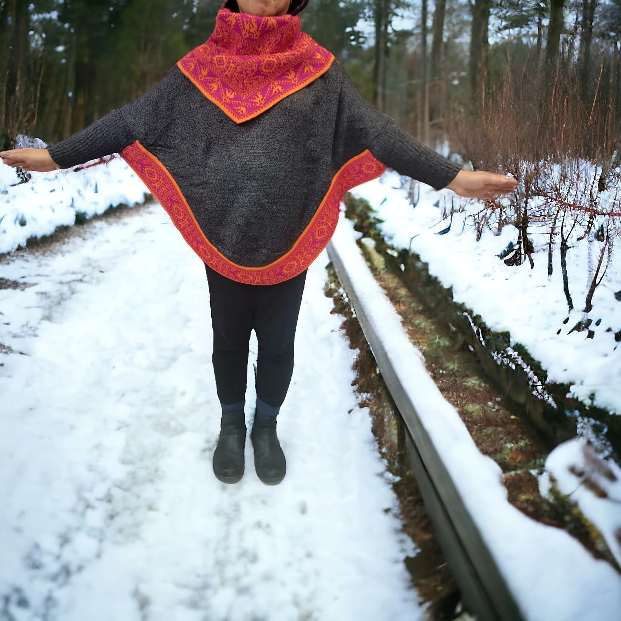 Black and Red poncho with sleeves is knit of alpaca fibers #0028