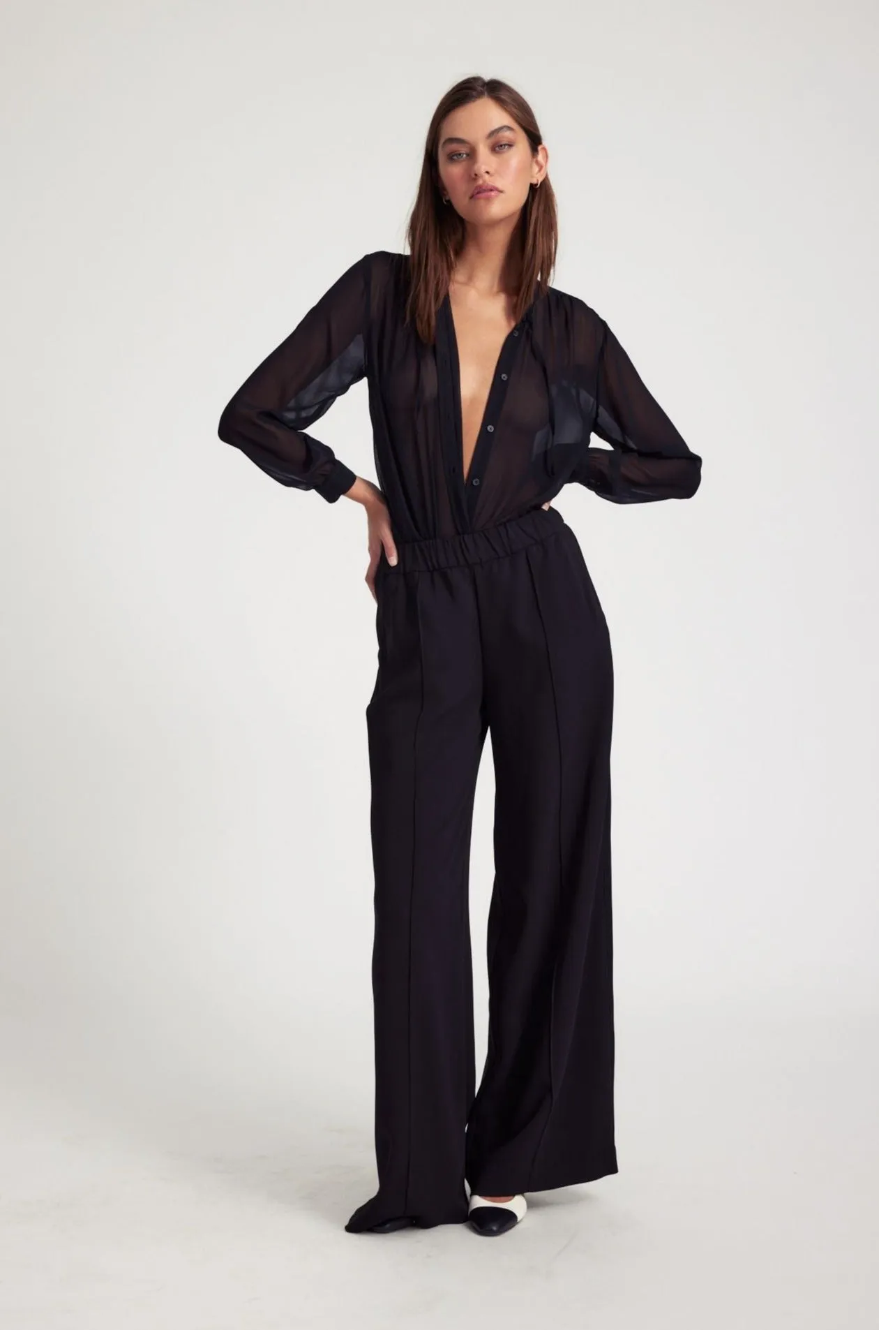 Black Crepe Wide Leg Pintuck Trousers