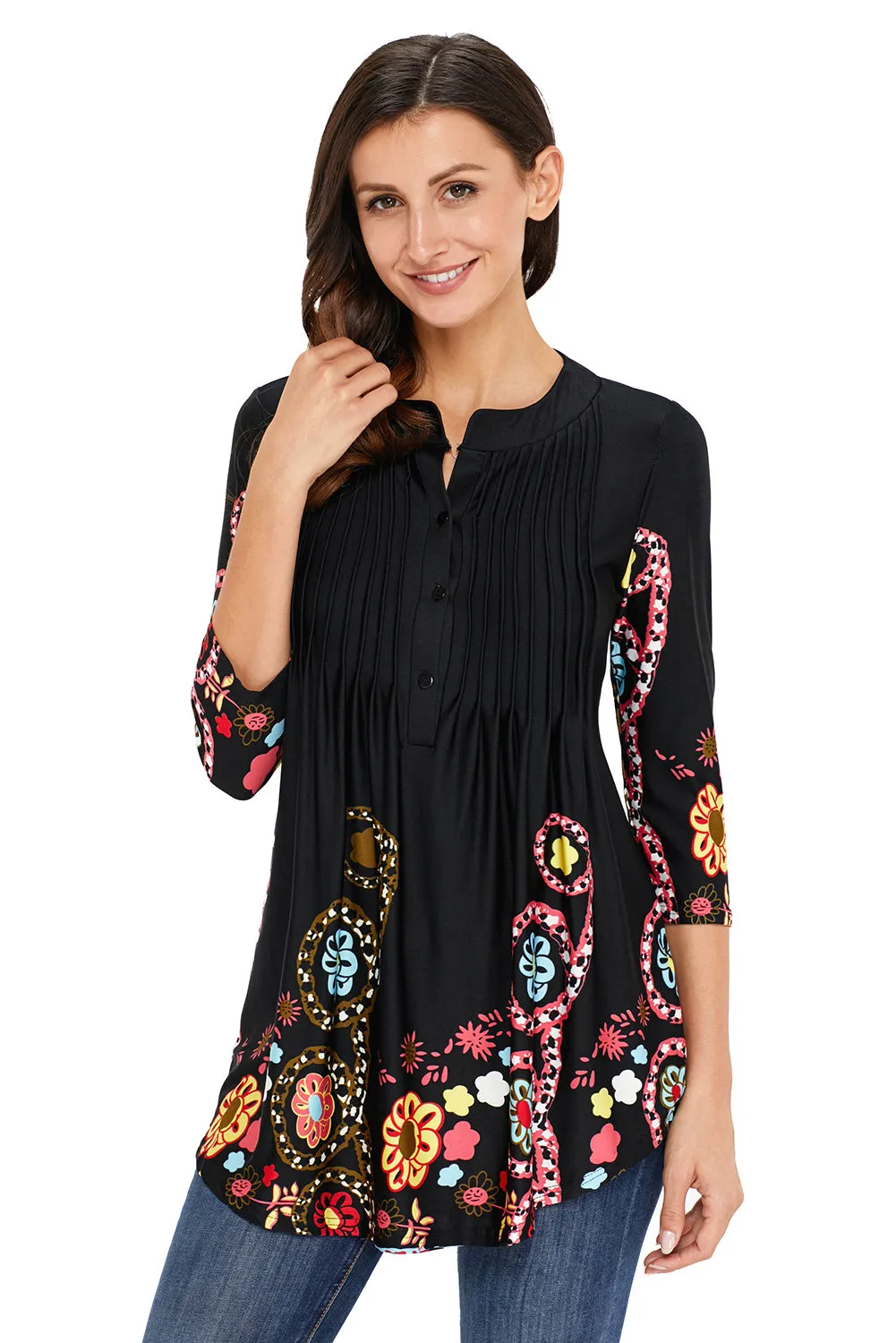 Black Floral Notch 3/4 Sleeves Top