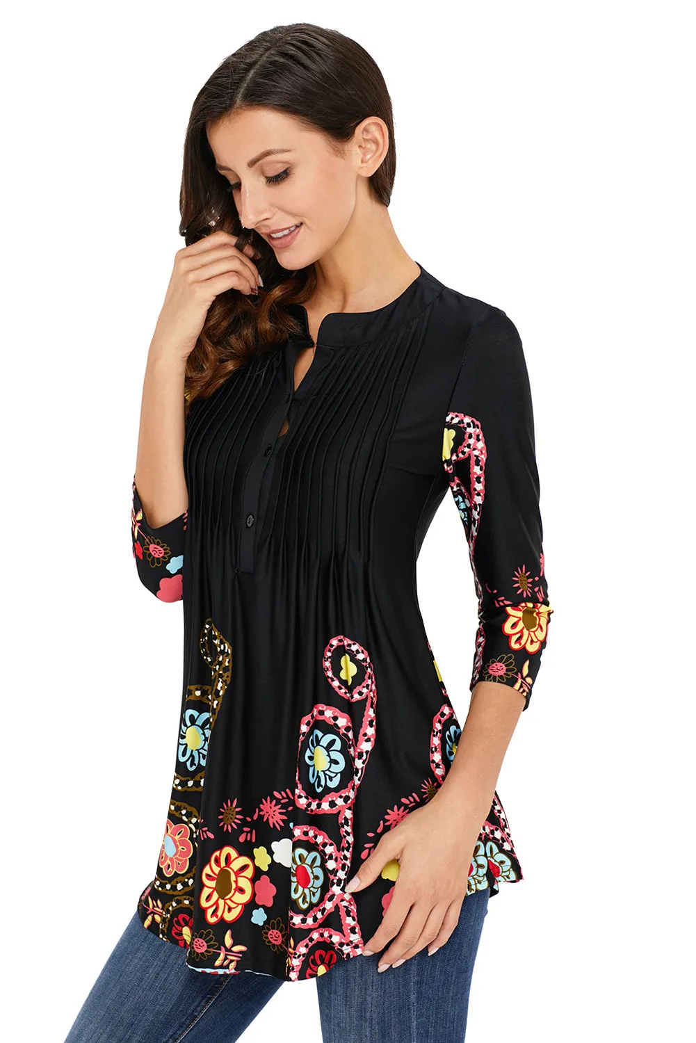 Black Floral Notch 3/4 Sleeves Top