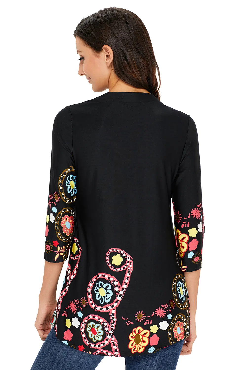 Black Floral Notch 3/4 Sleeves Top