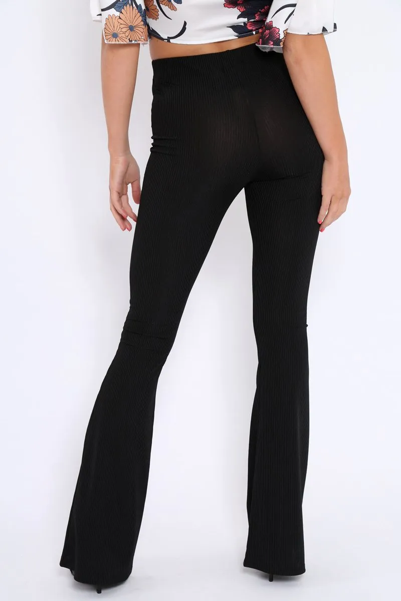 Black Ribbed Kick Flare Trousers - Chlo