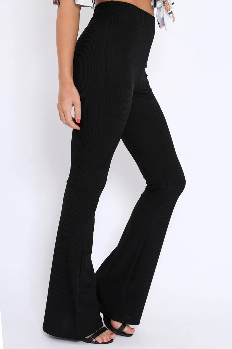 Black Ribbed Kick Flare Trousers - Chlo