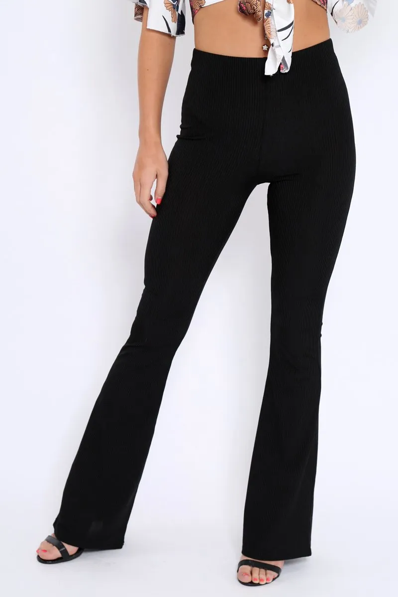 Black Ribbed Kick Flare Trousers - Chlo