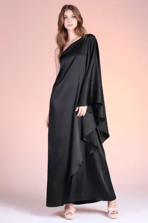 Black Washed Poly Silk Athena One Shoulder Maxi