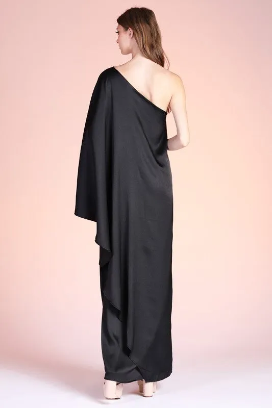 Black Washed Poly Silk Athena One Shoulder Maxi