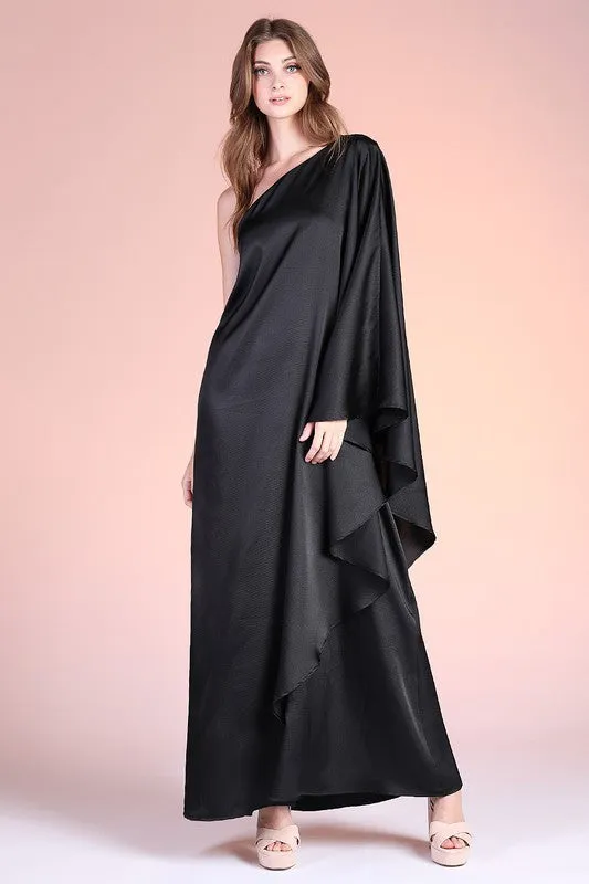 Black Washed Poly Silk Athena One Shoulder Maxi