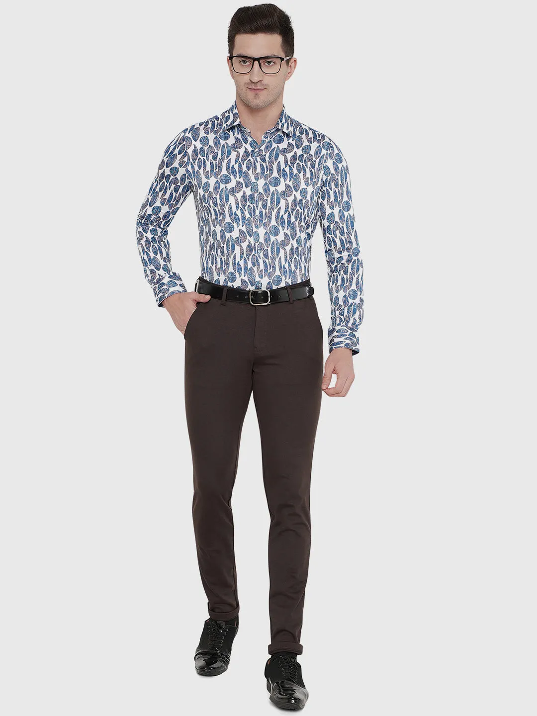 Blue & White Printed Slim Fit Party Wear Shirt | JB Studio