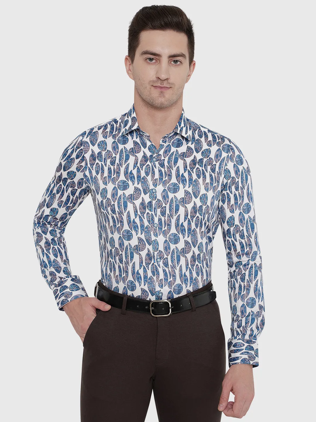 Blue & White Printed Slim Fit Party Wear Shirt | JB Studio