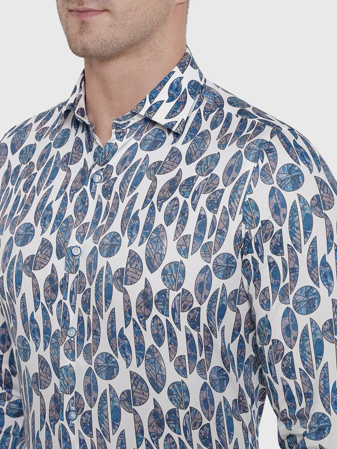 Blue & White Printed Slim Fit Party Wear Shirt | JB Studio