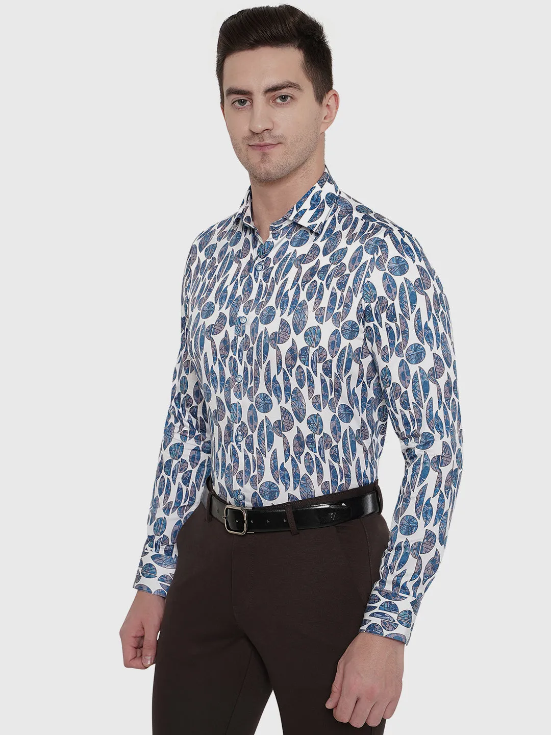 Blue & White Printed Slim Fit Party Wear Shirt | JB Studio