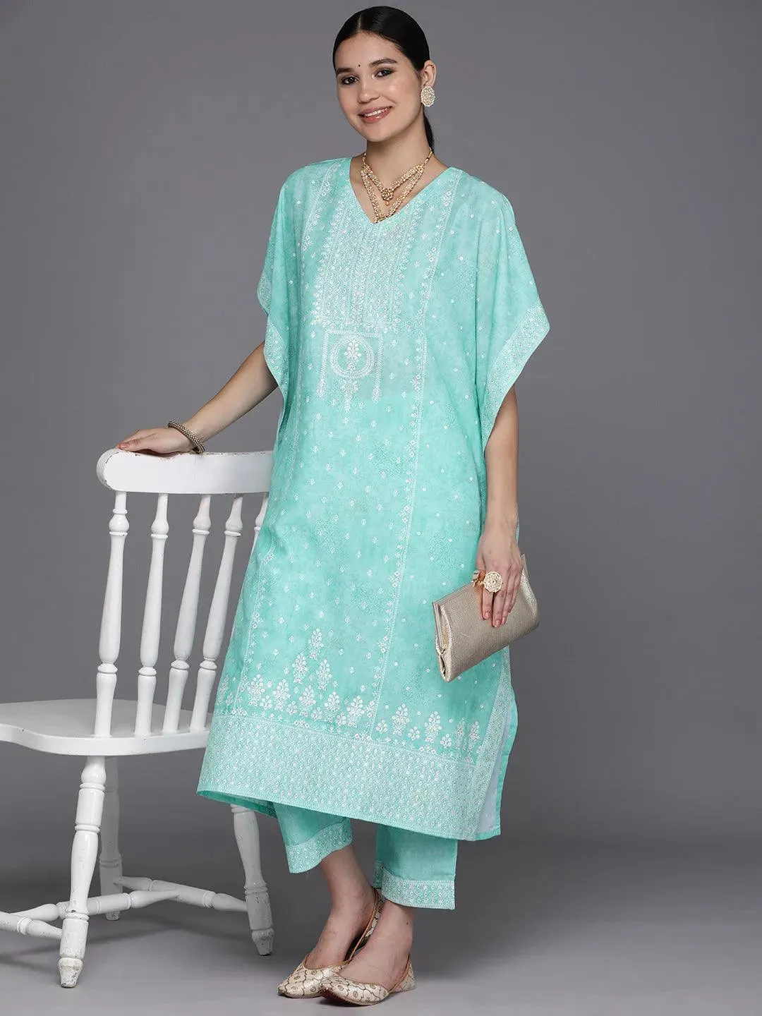 Blue Printed Silk Blend Kaftan Kaftan With Trousers