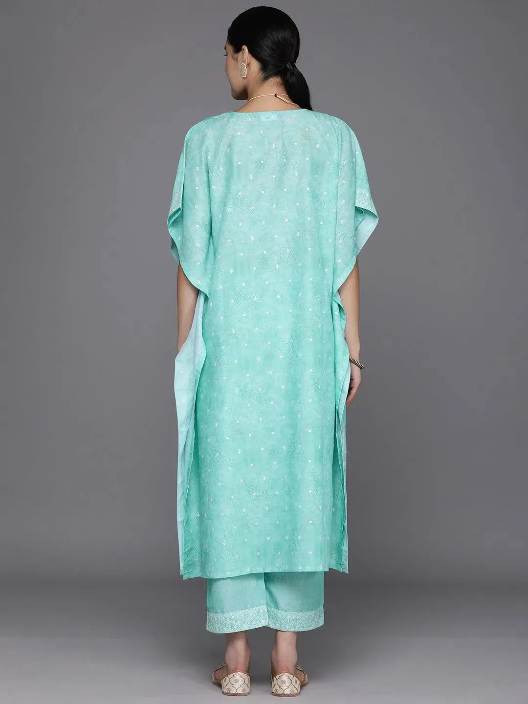 Blue Printed Silk Blend Kaftan Kaftan With Trousers