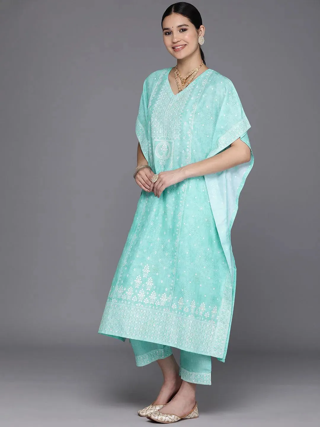 Blue Printed Silk Blend Kaftan Kaftan With Trousers