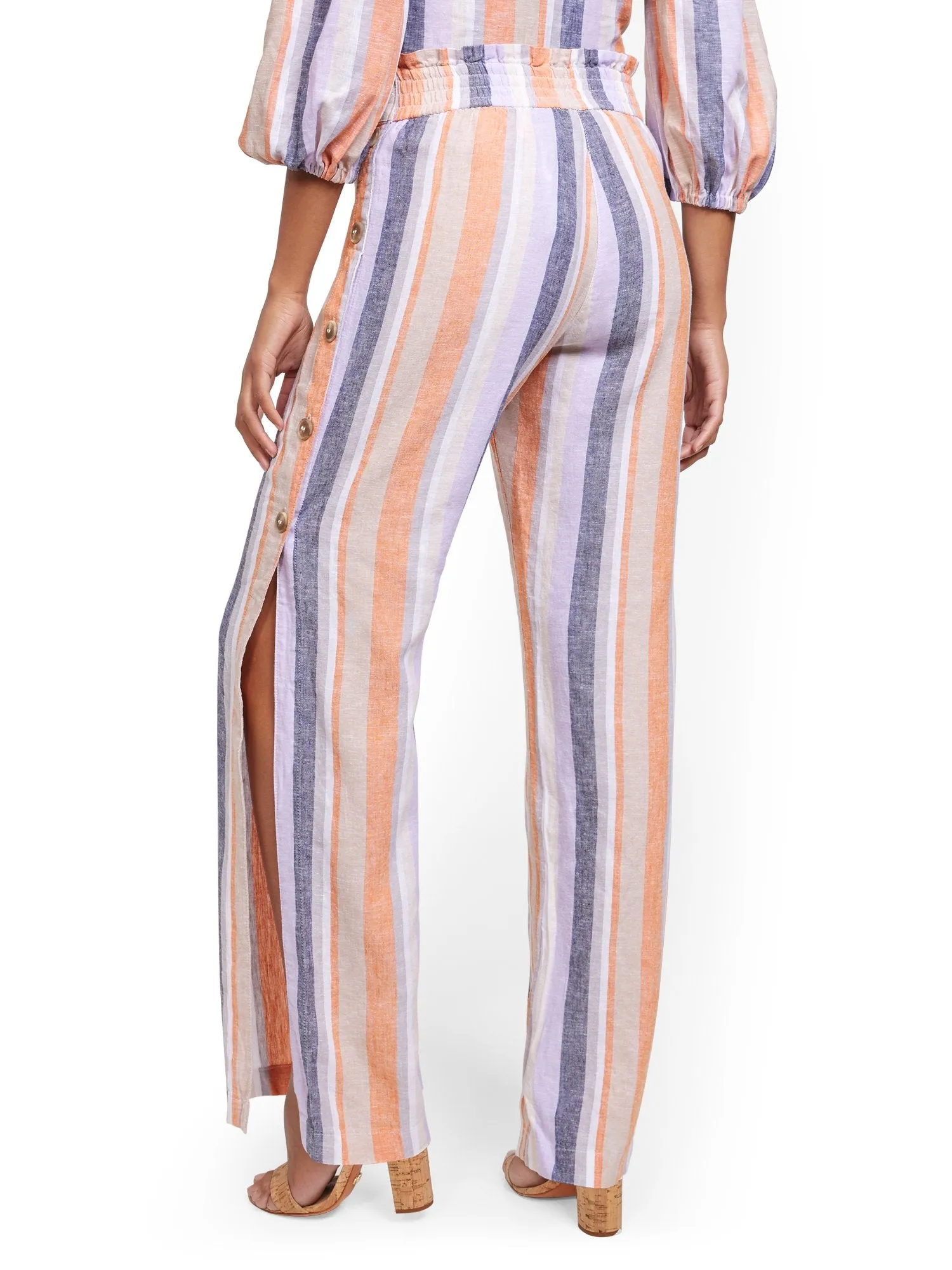 Button-Accent High-Waisted Wide-Leg Linen Pant