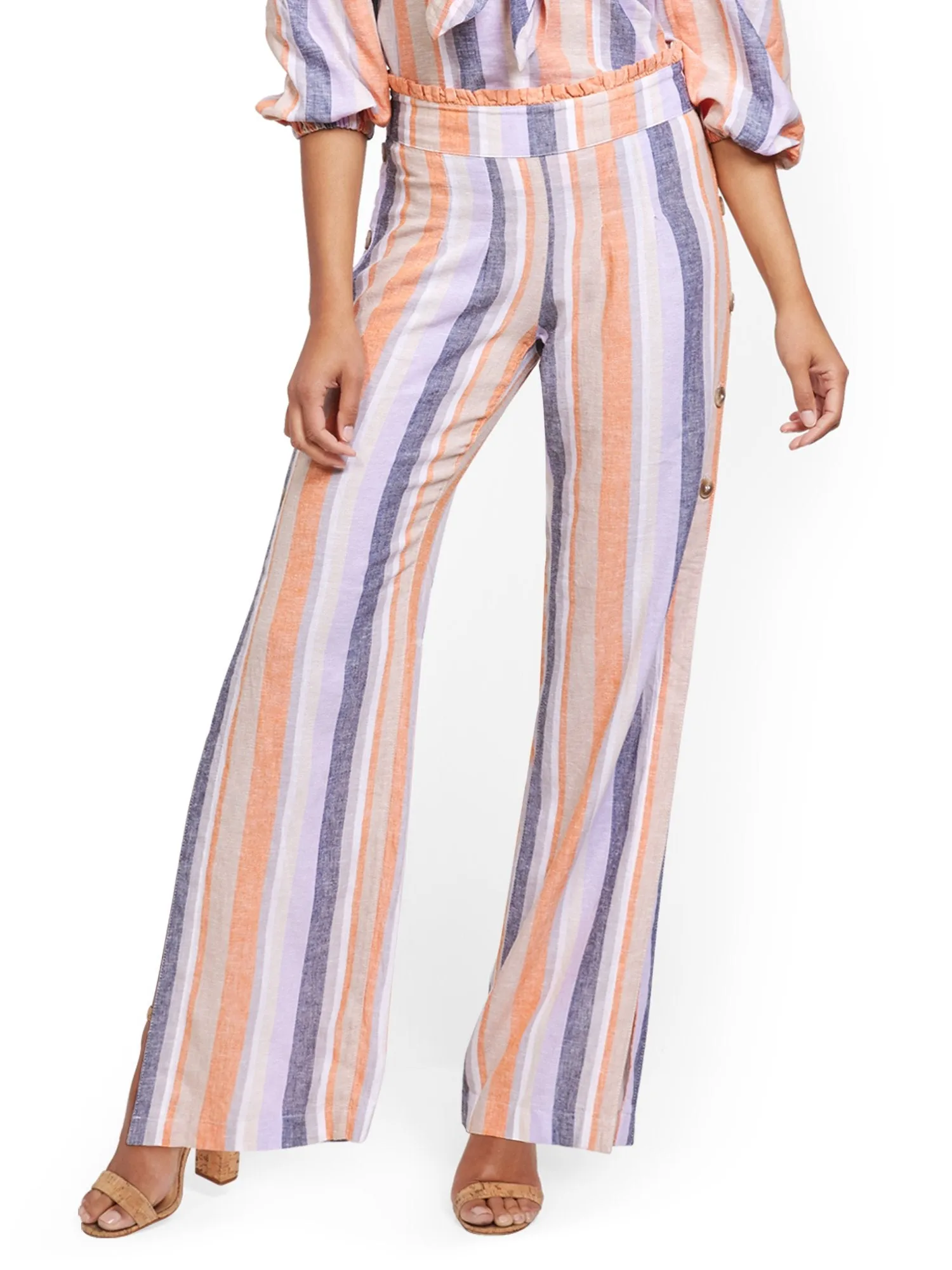 Button-Accent High-Waisted Wide-Leg Linen Pant