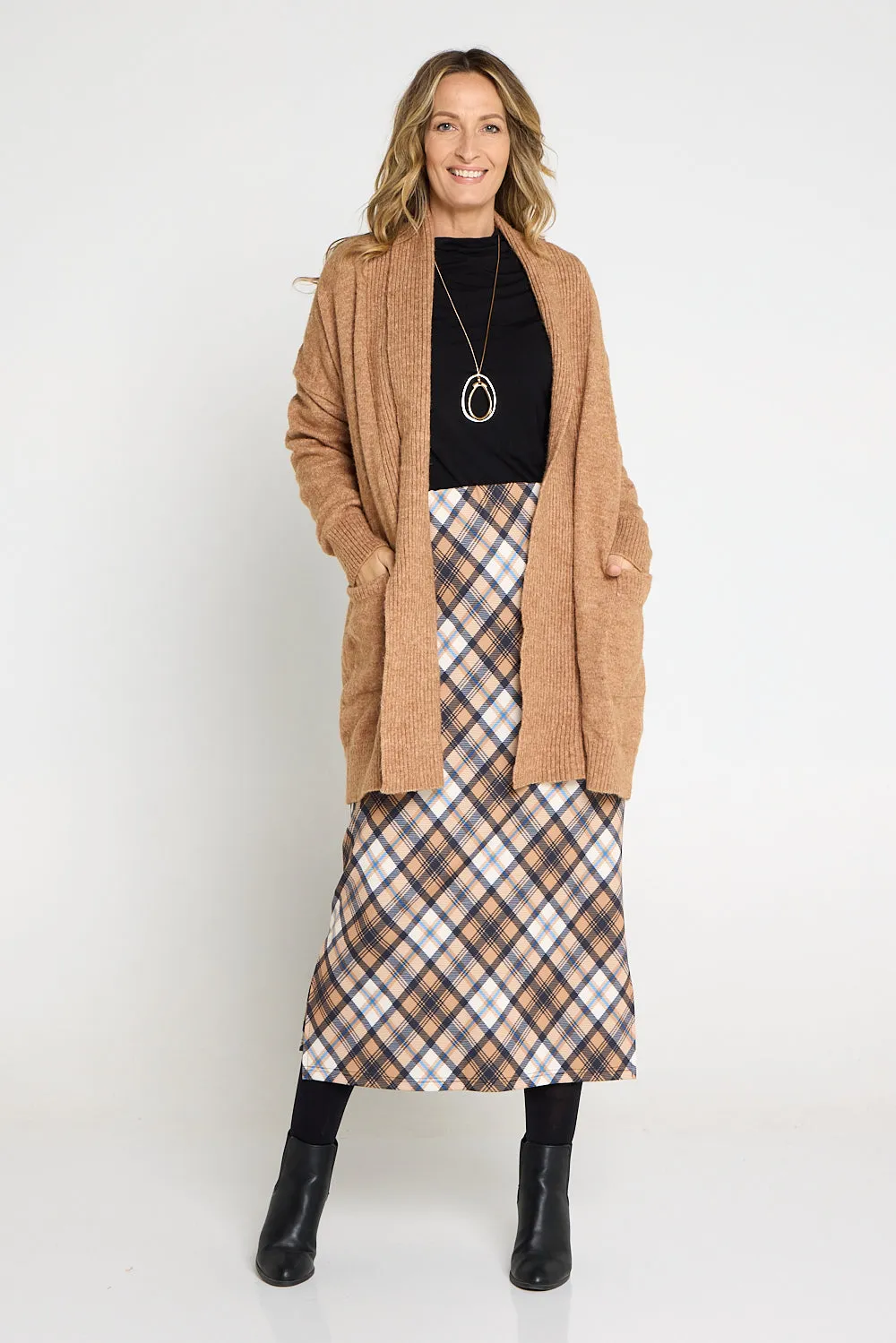 Charlize Column Skirt - Camel Plaid