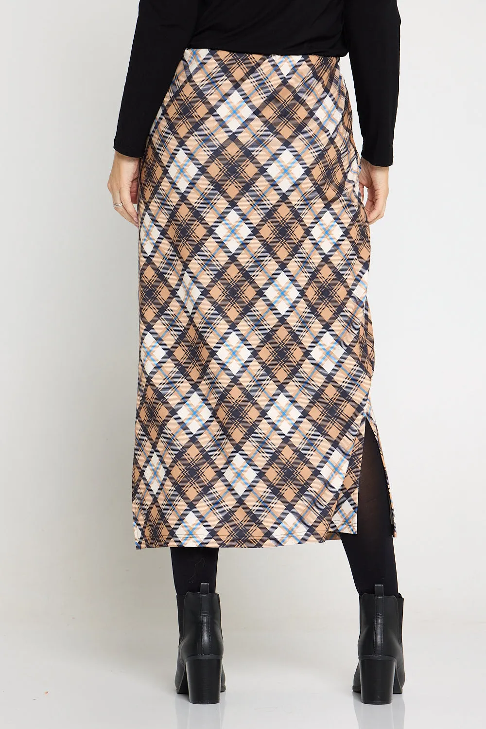 Charlize Column Skirt - Camel Plaid