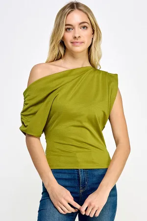 Citron Asymmetrical Sleeve Top With Ruching Detail