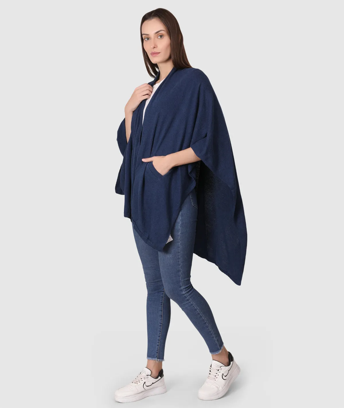 Classic Travel Cape Wrap - Organic Cotton Knitted Light Weight Wrap in Pouch (Navy Melange )