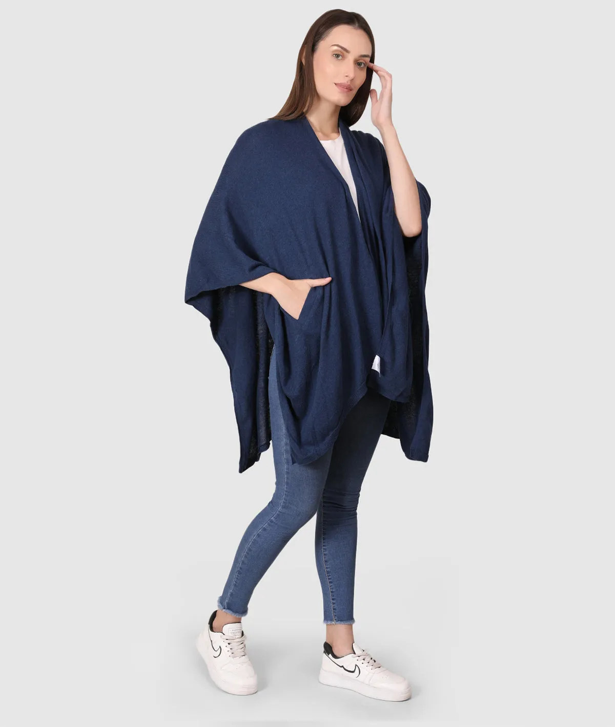 Classic Travel Cape Wrap - Organic Cotton Knitted Light Weight Wrap in Pouch (Navy Melange )