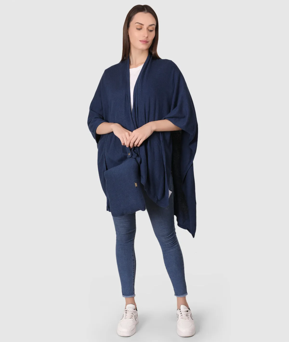 Classic Travel Cape Wrap - Organic Cotton Knitted Light Weight Wrap in Pouch (Navy Melange )