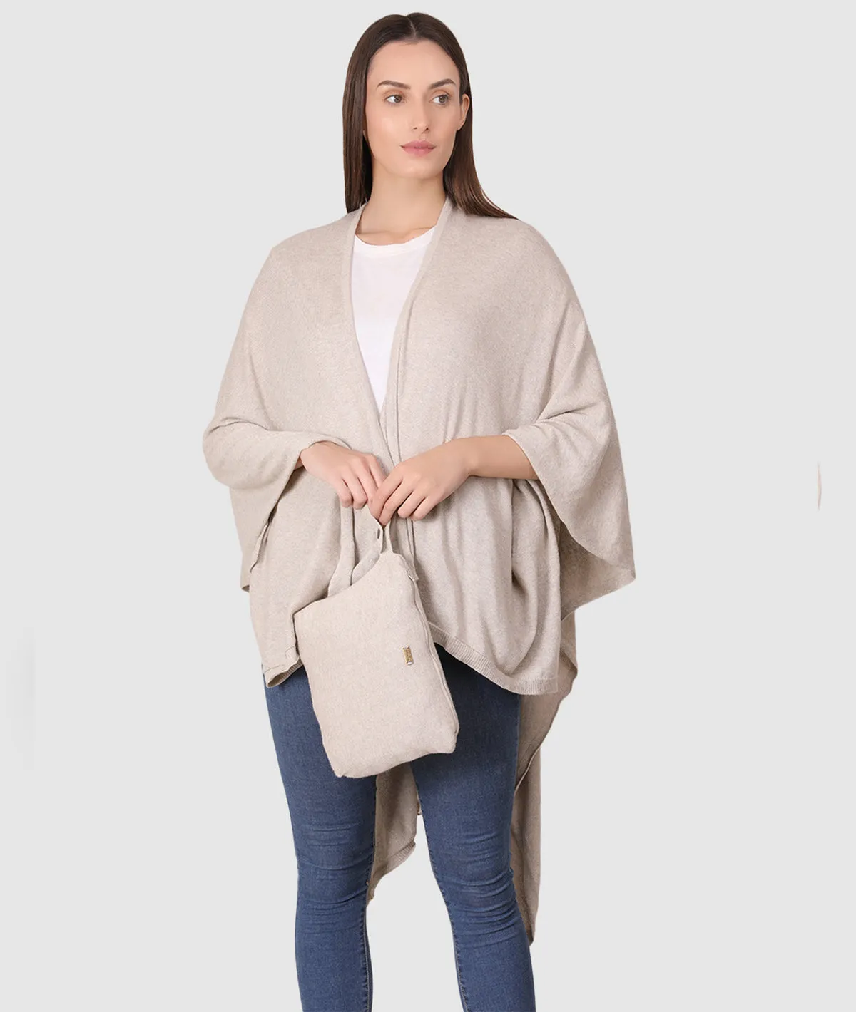 Classic Travel Wrap - Organic Cotton Knitted Light Weight Wrap in Pouch (Light Beige Melange)