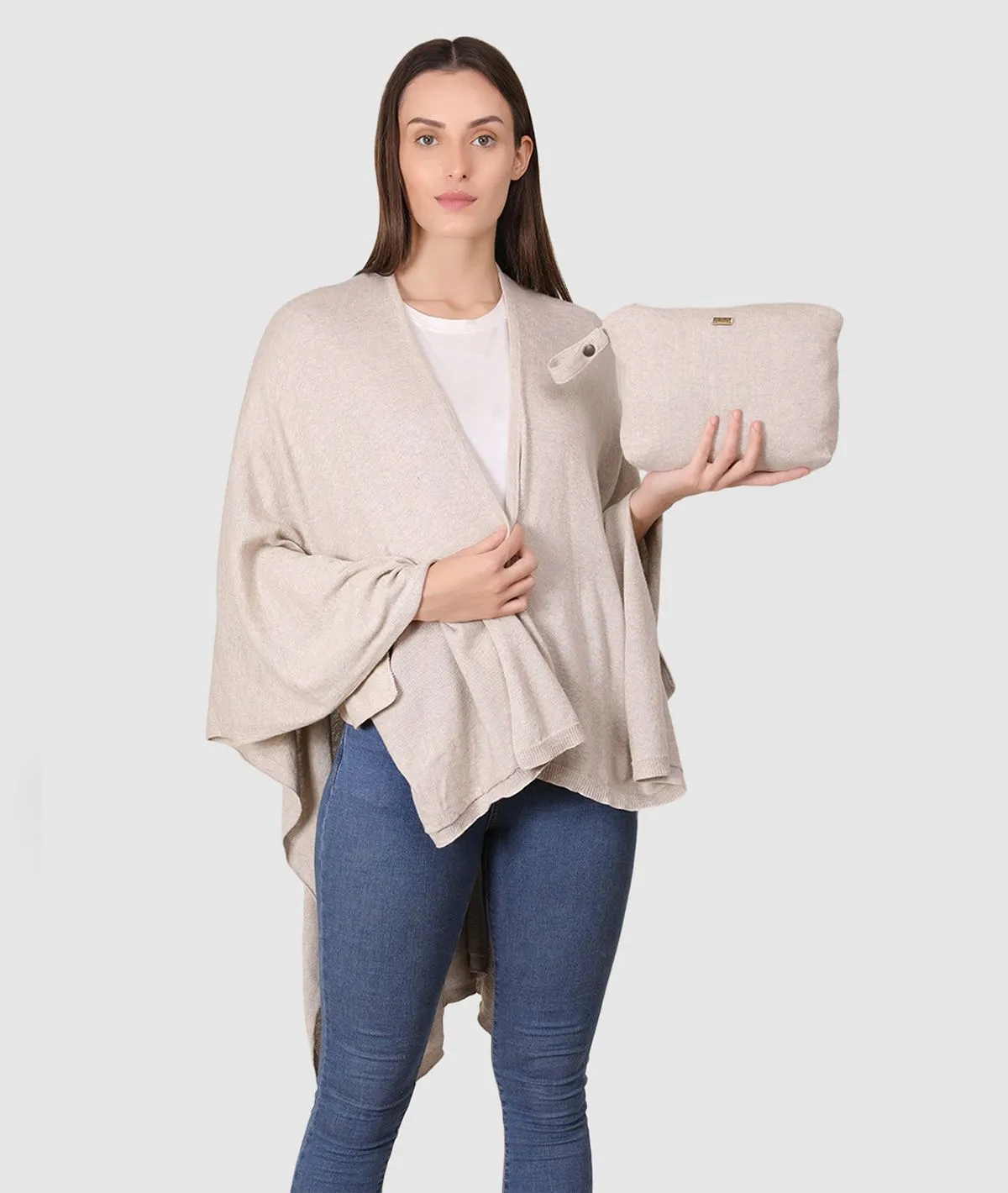 Classic Travel Wrap - Organic Cotton Knitted Light Weight Wrap in Pouch (Light Beige Melange)