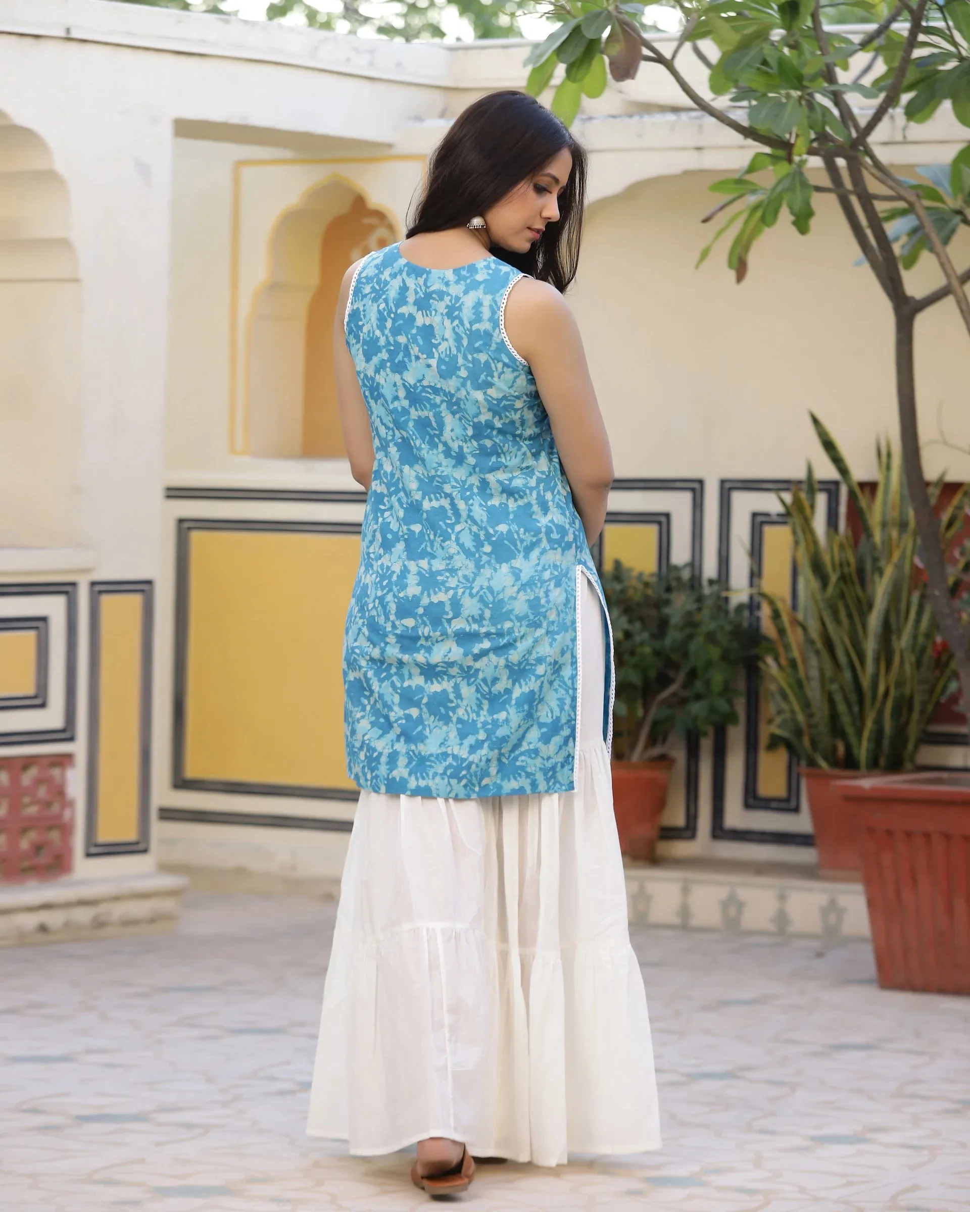 Cotton Blue & White Printed Kurta Sharara Set