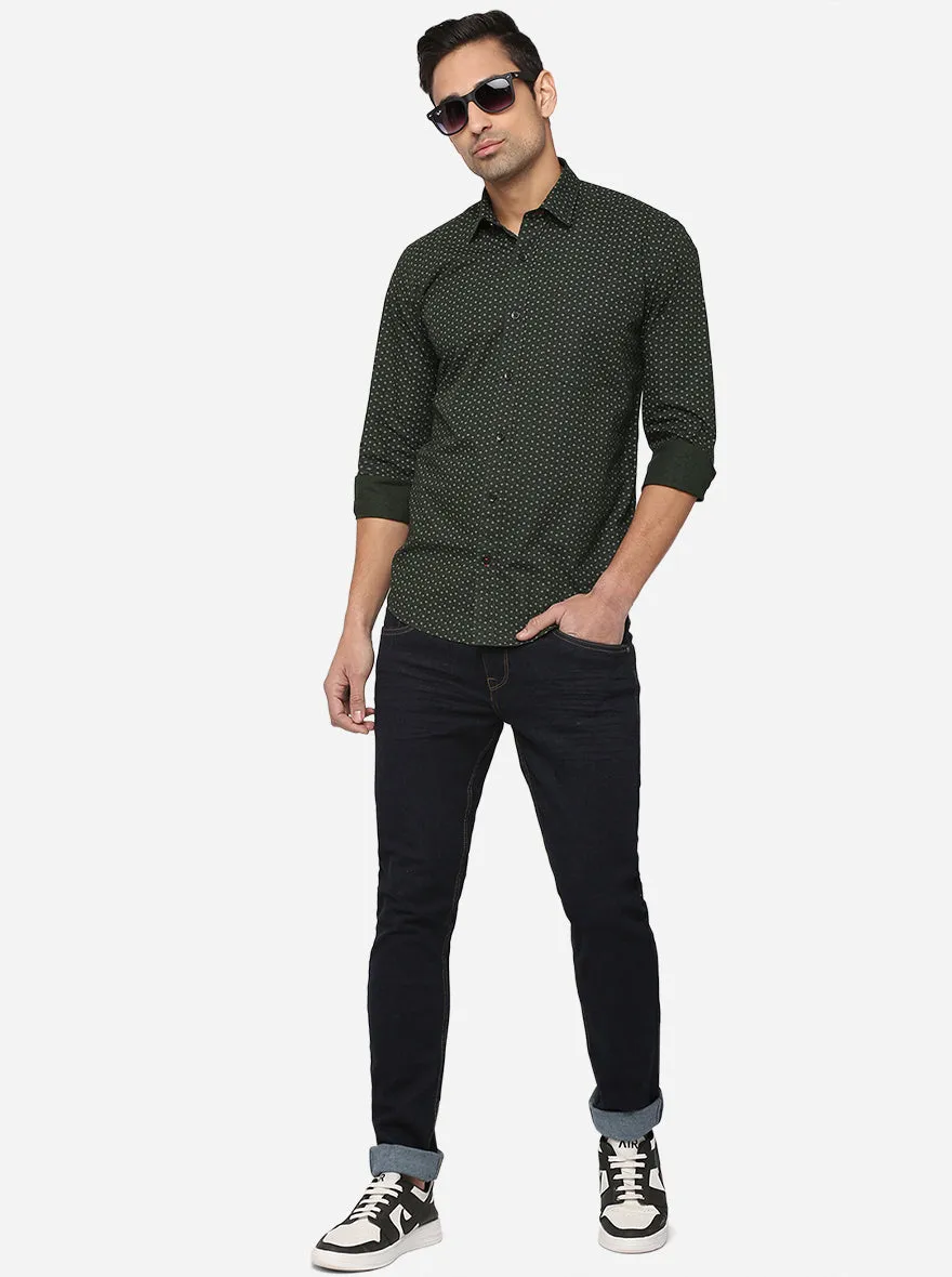 Dark Green Printed Slim Fit Casual Shirt | JadeBlue