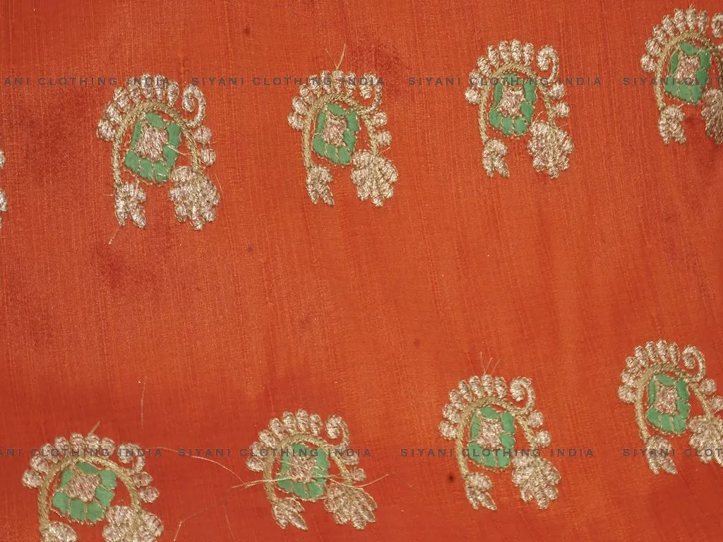 Dark Orange Gota Embroidered Silk Fabric