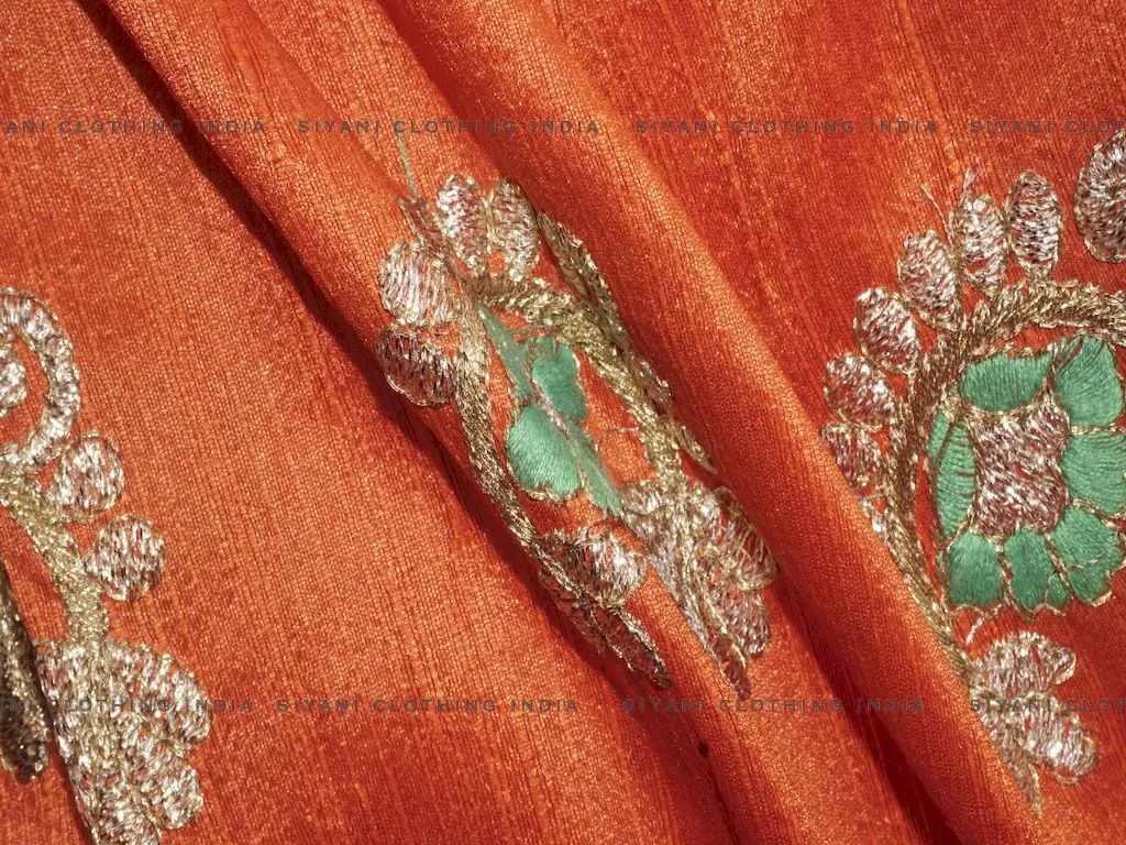 Dark Orange Gota Embroidered Silk Fabric